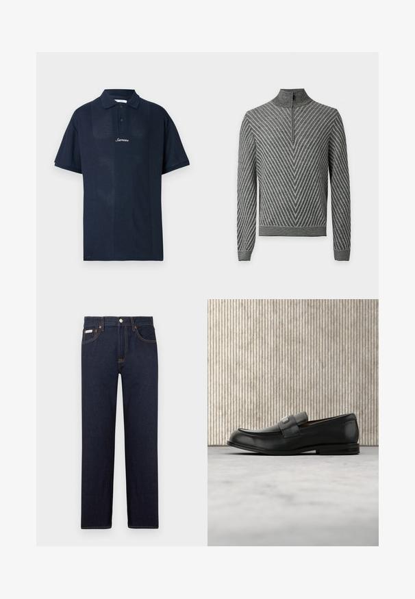 Pull gris à manches longues avec un motif rayé diagonal formant un V, doté d'un col montant demi-zip et de poignets et d’un bas côtelés.; Polo bleu marine en tissu texturé. Comprend des manches courtes, un col classique et une patte de devant avec deux boutons. Logo "Samsøe" affiché.; Jean en denim bleu foncé avec une coupe droite, un design classique à cinq poches et des coutures orange contrastantes. Comprend une fermeture à bouton en métal.; Mocassin en cuir noir avec une plaque de marque en métal reposant près d'une table ronde marron sur un sol recouvert de moquette beige.
