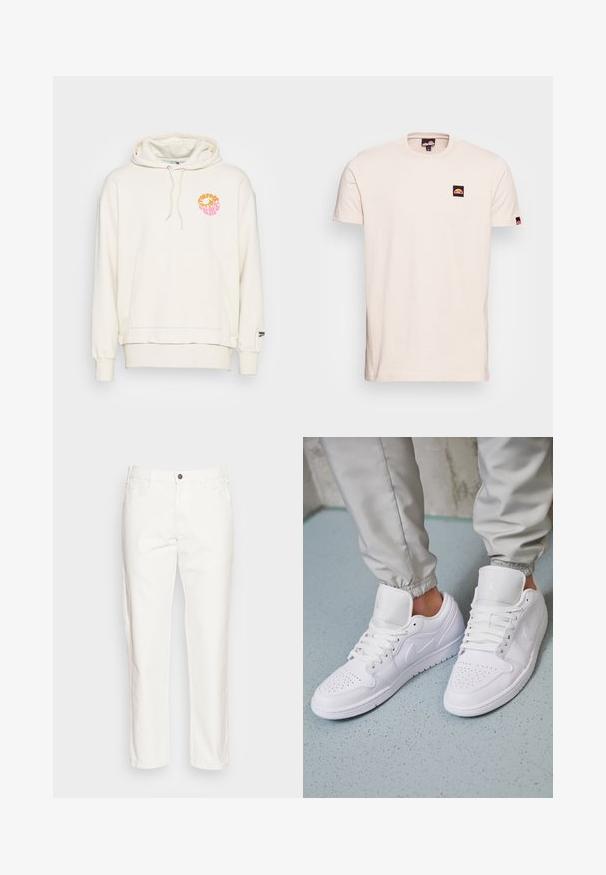 Hoodie crème avec une poche avant, un capuchon à cordon de serrage et un graphique multicolore "Forever". Texture douce et poignets côtelés.; T-shirt beige à manches courtes en coton, avec un petit écusson logo noir et rouge sur la poitrine gauche et des accents logo sur les manches.; Pantalon en coton blanc avec une coupe droite, poches avant, fermeture à bouton unique et une texture douce.; Des baskets en cuir blanc présentent une zone de perforation à l'avant, des lacets plats, un col rembourré et le logo Jordan sur la languette. Portées avec un pantalon de jogging gris.