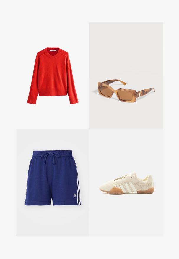 Roter Wollpullover mit einem gerippten Rundhalsausschnitt, langen Ärmeln und geripptem Saum. Weiche Textur mit einer leicht lockeren Passform, in einheitlicher Farbe.; Marineblaue Sportshorts mit einem Kordelzugbund, ausgestattet mit weißen Seitenstreifen und einem gestickten Logo auf der linken unteren Seite. Weichelastischer Stoff.; Flacher beiger Sneaker mit drei weißen Streifen, strukturierten Wildleder-Seitenflächen, Gummisohle und Schnürverschluss vor einfarbigem Hintergrund.; Rechteckige Schildpatt-Sonnenbrille mit dicken Rahmen und braun getönten Gläsern, die auf einer weißen Oberfläche liegen.