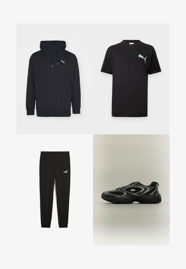 Čierna mikina s kapucňou, ktorá má klokanie vrecko, nastaviteľné šnúrky a biele logo Puma na hrudi. Vyrobená z mäkkého flísového materiálu.; Čierne tričko s krátkym rukávom a malým svetlomodrým logom Puma na ľavej strane hrudníka na bielom pozadí.; Čierne tepláky vyrobené z mäkkého materiálu, s elastickým pásom, bočnými vreckami a bielym logom Puma na ľavej strane.; Čierne a šedé atletické tenisky s sieťkovými panelmi, šnurovací dizajn, hrubá podrážka a malá krokodílová logo na boku.