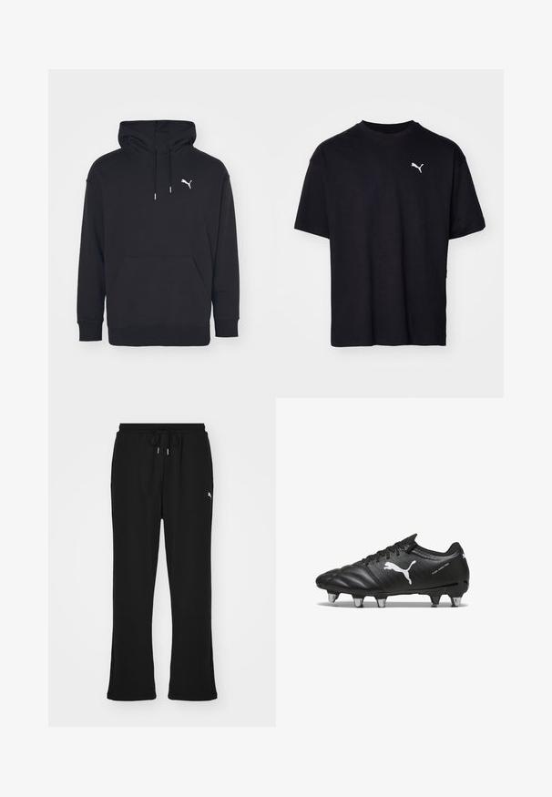 Sudadera con capucha negra, con un bolsillo tipo canguro, cordones ajustables y un logo blanco de Puma en el pecho. Fabricada en suave tejido de felpa.; Camiseta de algodón negra de manga corta, con escote redondo y un logo blanco de Puma en la parte superior izquierda del pecho. Corte clásico, textura suave.; Pantalones de chándal negros con cintura elástica y cordón, con bolsillos laterales y un sutil logo en la pierna izquierda. Tela suave, forma acampanada.; Botas de fútbol negras con material texturizado, logo blanco de Puma, sistema de cierre con cordones y tacos de metal para mejorar la tracción. El diseño enfatiza el rendimiento y el soporte.
