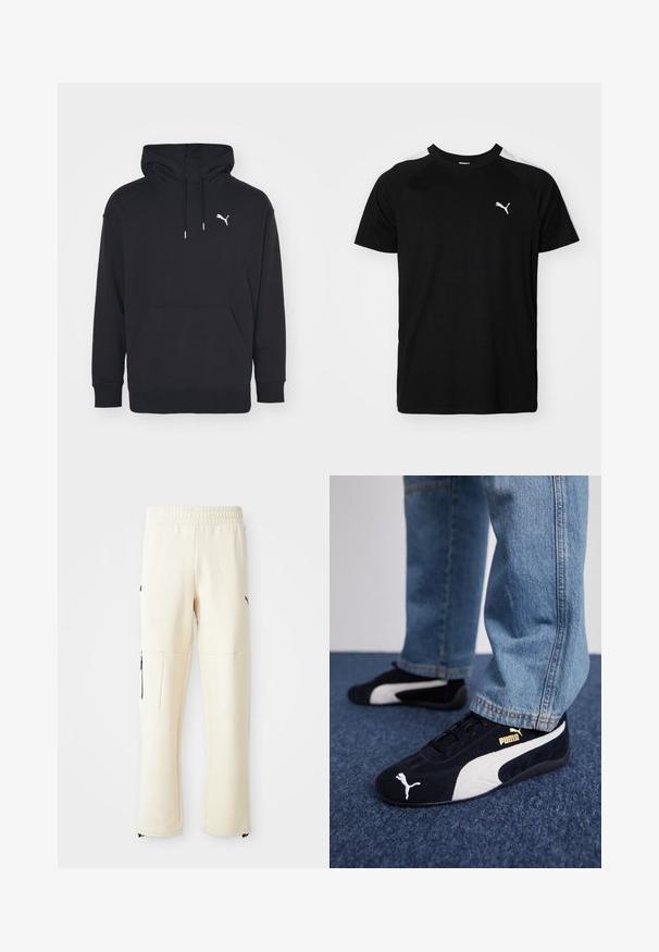 Sudadera con capucha negra, con un bolsillo tipo canguro, cordones ajustables y un logo blanco de Puma en el pecho. Fabricada en suave tejido de felpa.; Camiseta negra de manga corta con franjas blancas en los hombros, escote redondo y pequeño logo blanco en el lado izquierdo del pecho. Tejido suave, corte clásico.; Pantalones de chándal de color beige claro, hechos de un tejido suave. Presentan un logo negro, bolsillos laterales con cremalleras y un corte relajado.; Zapatillas de ante negras con acentos blancos, que presentan un logo dorado. Combinadas con unos jeans de mezclilla azul claro y colocadas sobre una superficie texturizada azul.