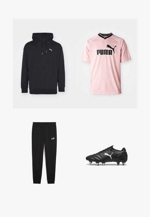 Sort hættetrøje med kangaroo-lomme, justerbare snore og et hvidt Puma-logo på brystet. Fremstillet af blødt fleece-materiale.; Pink sports T-shirt lavet af åndbart stof. Har en sort v-halskrave og et sort Puma-logo på forsiden. Korte ærmer med tekstureret design.; Sorte sweatpants lavet af blødt stof, med en elastisk talje, sidelommer og et hvidt Puma-logo på venstre side.; Sorte fodboldstøvler med tekstureret materiale, hvidt Puma-logo, snørebåndslukning og metalstifter for godt greb. Designet understreger ydeevne og støtte.