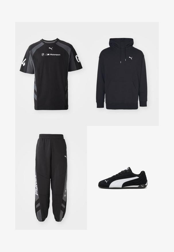 Sort hættetrøje med kangaroo-lomme, justerbare snore og et hvidt Puma-logo på brystet. Fremstillet af blødt fleece-materiale.; Sort t-shirt med grå accenter, korte ærmer, rund halsudskæring, med BMW- og Puma-logoer og tallet '4' på ærmet.; Sorte joggebukser lavet af blødt materiale. Har elastisk talje, tapered ben, grå detaljer og hvide logoer på siderne.; Sorte ruskinds sportsko med en hvid lateralstribe, hvide mærkeaccenter, flad sort sål og sorte snørebånd.