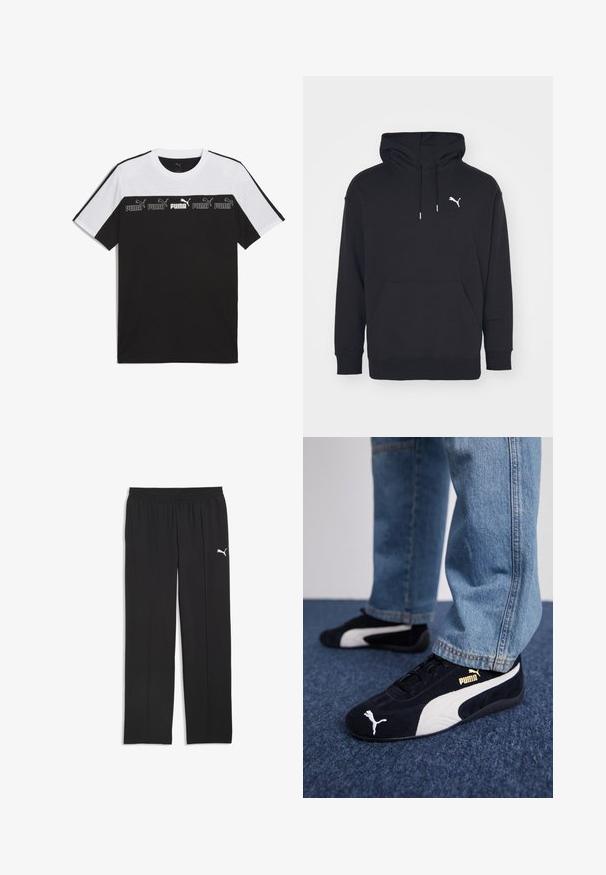 Schwarzer Kapuzenpullover mit Kängurutasche, verstellbaren Zugbändern und einem weißen Puma-Logo auf der Brust. Hergestellt aus weichem Fleece-Material.; Schwarz-weiße kurzärmlige T-Shirt aus Baumwolle, mit einem auffälligen PUMA-Logo in der Mitte und einem strukturierten Design auf der Brust.; Schwarze, elastische Bund-Hose mit geradem Bein und kleinem weißem Puma-Logo am oberen linken Oberschenkel vor weißem Hintergrund.; Schwarze Wildledersneaker mit weißen Akzenten und einem goldenen Logo. Getragen mit hellblauen Jeans und auf einer strukturierten blauen Oberfläche platziert.