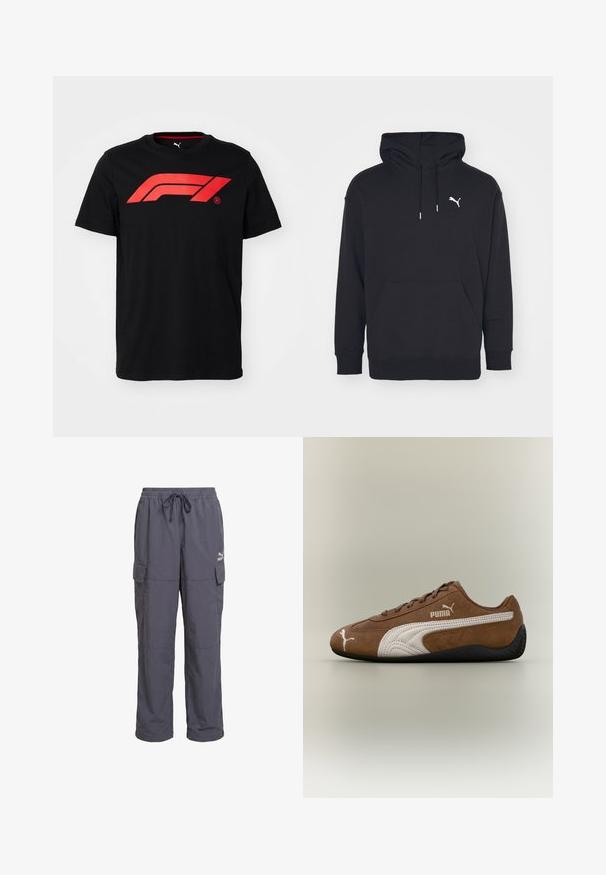 Sort hættetrøje med kangaroo-lomme, justerbare snore og et hvidt Puma-logo på brystet. Fremstillet af blødt fleece-materiale.; Sort bomulds T-shirt med et stort rødt Formula 1-logo på forsiden. Rund halsudskæring og korte ærmer, glat tekstur.; Mørkegrå løstsiddende cargobukser med elastisk taljebånd, snøre og klaplommer på siderne, med Puma-logo på højre lår.; Brun ruskindsneaker med hvide accenter og tekstureret design. Har en sort gummisål og et fremtrædende Puma-logo på siden.