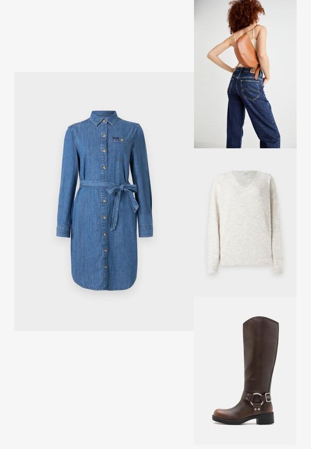 V-hals strikket sweater i lyse beige med en blød, struktureret finish. Har lange ærmer og ribbede ærmekanter og kant for et tætsiddende look.; Denim skjortekjole med lange ærmer, frontknapper, brystlomme og knyttet taljebælte i medium blå vask.; Brune læderknæhøje støvler med en rund metalhardwaredetalje og spænde. Let struktureret overdel, stablet hæl og rund tå-design.; Brun læder rygsæk med et unikt buet design. Båret diagonalt, parret med højlivet blå denimjeans med gul syning.