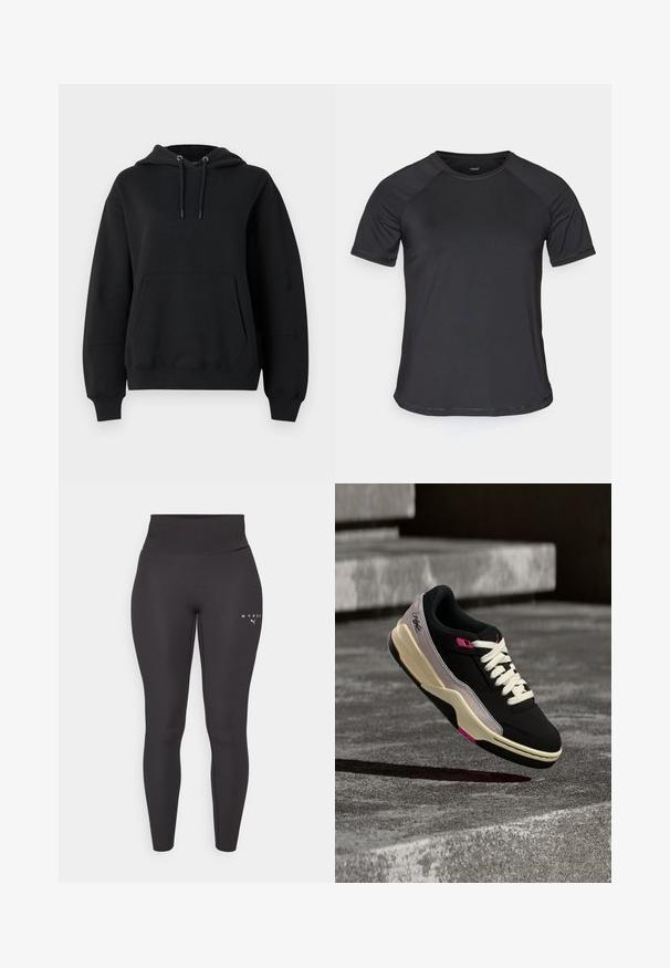 Zwarte oversized hoodie met trekkoorden, geribbelde manchetten, een voorzak in het midden en een losse pasvorm op een witte achtergrond.; Zwart sportshirt met korte mouwen en raglanmouwen, met een gladde textuur en een ronde halslijn. Beschikt over gestikte naden en een ontspannen pasvorm.; Zwarte sportleggings van rekbaar materiaal, met een hoge tailleband en subtiele logo-opdruk aan de linkerpijp. Gladde textuur.; Zwart-grijze sneaker met crèmekleurige zool en witte veters lijkt te zweven boven een betonnen oppervlak met traptreden op de achtergrond.