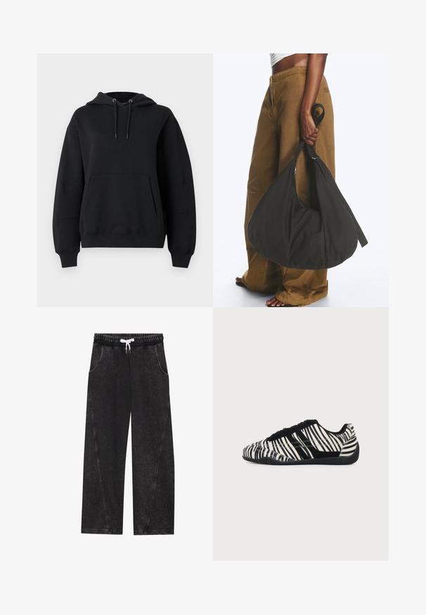 Sudadera negra de gran tamaño con cordones, puños acanalados, bolsillo frontal tipo canguro y un ajuste holgado sobre un fondo blanco.; Pantalones anchos y negros hechos de una tela texturizada. Presentan una cinturilla elástica con un cordón blanco y bolsillos frontales con costuras diagonales.; Even&Odd Zapatillas - zebra; Persona con pantalones marrones de pata ancha y top blanco sosteniendo un gran bolso negro blando por la correa a su lado.