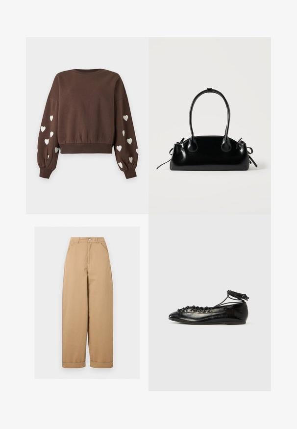 Sweat-shirt marron à manches longues avec poignets élastiques et motifs de cœurs blancs dispersés sur les deux manches.; Pantalon beige taille haute à jambes larges avec poches avant, passants de ceinture, fermeture par boutons et ourlets retroussés.; Ballerines en cuir verni noir avec un bout rond, un design à lacets et une semelle plate. Texture lisse avec peu de détails.; Petit sac à main noir brillant avec deux longues anses et des détails à cordon sur les côtés sur un fond clair uni.