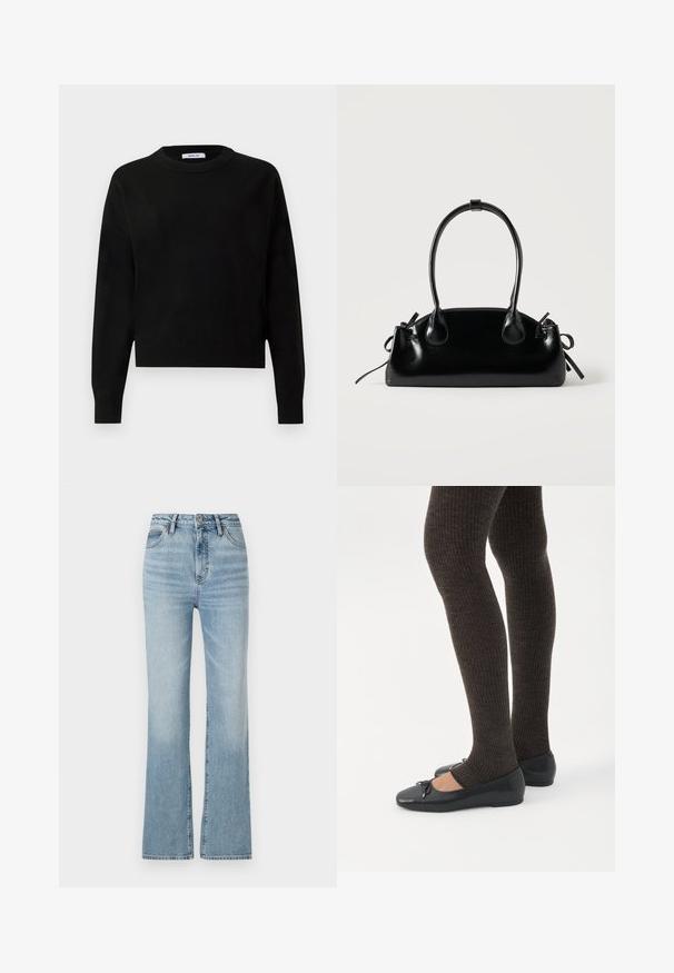 Pull noir en tissu doux, avec un col rond, des manches longues et un design cropped, doté de poignets et d'ourlet côtelés.; Jean taille haute bleu clair en jean, avec une jambe droite, un design à cinq poches et un léger délavage au niveau des cuisses.; Jambes portant des leggings côtelés foncés associés à des ballerines noires avec de petits détails en nœud sur fond blanc.; Petit sac à main noir brillant avec deux longues anses et des détails à cordon sur les côtés sur un fond clair uni.