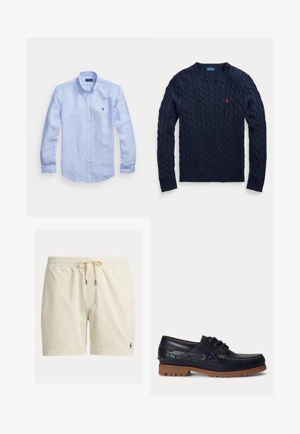Pull bleu marine en maille torsadée, col rond, manches longues, avec petit logo Polo Ralph Lauren rouge brodé sur le côté gauche de la poitrine.; Chemise à rayures bleues et blanches à manches longues en coton, dotée d'un col boutonné, de boutons sur le devant et d'un petit logo brodé sur la poitrine.; Short beige en velours côtelé avec taille élastique et cordon, avec petit logo brodé foncé sur la partie inférieure de la jambe gauche.; Chaussure bateau en cuir bleu marine avec semelle en caoutchouc marron, couture blanche, lacets et petite étiquette Polo verte sur le côté.