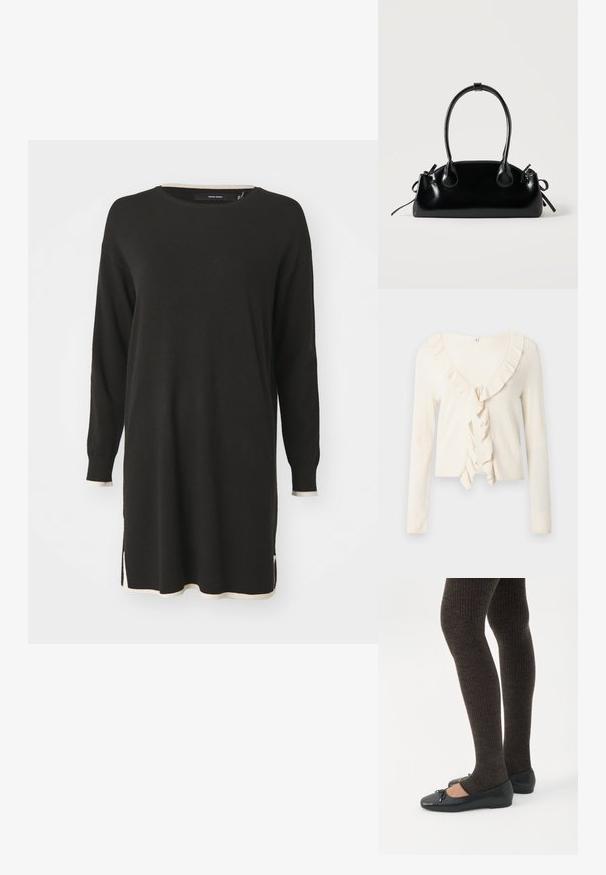 Kermanvärinen pitkähiha cardigan, jossa on ribbineulos ja röyhelöinen V-kaula-aukko, jossa edessä solmittava suljenta.; Musta pitkähihaisista neulemekko, jossa on kerma-valkoiset röyhelökoristukset kauluksessa ja helmassa. Sisältää sivuhaalareita liikkuvuuden helpottamiseksi.; Jalat, joissa tummat ribbineuleiset leggingsit yhdistettynä mustiin balettitossuihin, joissa on pienet rusettikoristeet valkoisella taustalla.; Pieni musta kiiltävä käsilaukku, jossa on kaksi pitkää kantokahvaa ja sivulla nyöritys yksityiskohtia yksinkertaisella vaalealla taustalla.
