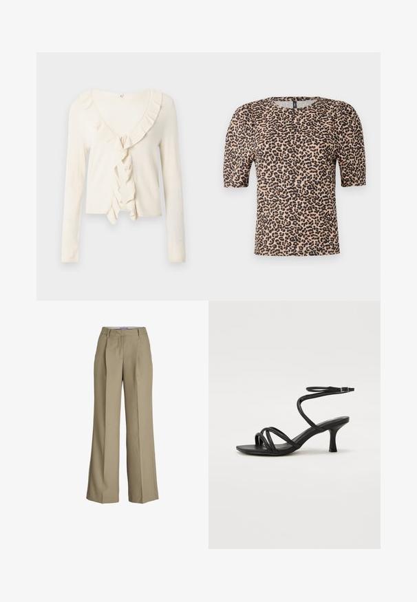 Kermanvärinen pitkähiha cardigan, jossa on ribbineulos ja röyhelöinen V-kaula-aukko, jossa edessä solmittava suljenta.; T-paita, jossa on leopardi-printti, lyhyet puff-hihat, pyöreä pääntie, valmistettu kevyestä kankaasta, jossa on vaaleanruskea tausta ja mustat pilkut.; Beige leveled trousers featuring a high waist, front pleats, and a smooth fabric texture. Classic design with a tailored finish.; Even&Odd Wide Fit Sandaalit nilkkaremmillä - black