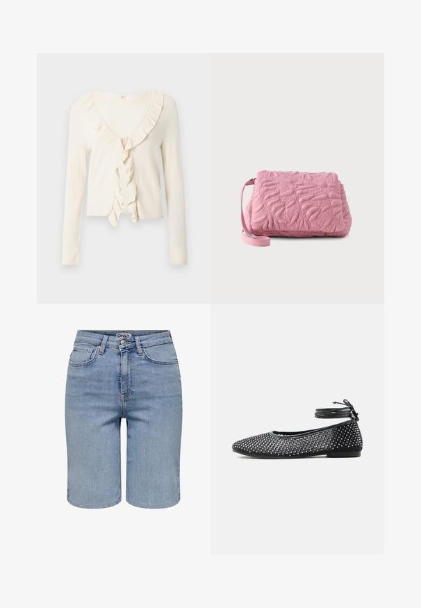 Langærmet cardigan i cremefarve med ribbet struktur og en rynket, V-formet halsudskæring med bindelukning foran.; Lyseblå denimshorts med forlommer, bæltestropper, en metalknap og en lynlåslukning.; Sort flad sko med mesh og rhinstenpynt, med snørebånd, der omslutter anklen og bindes i en sløjfe.; Rosa quiltet clutchtaske med abstrakt hævet mønster og aftagelig håndledsrem på ensfarvet baggrund.