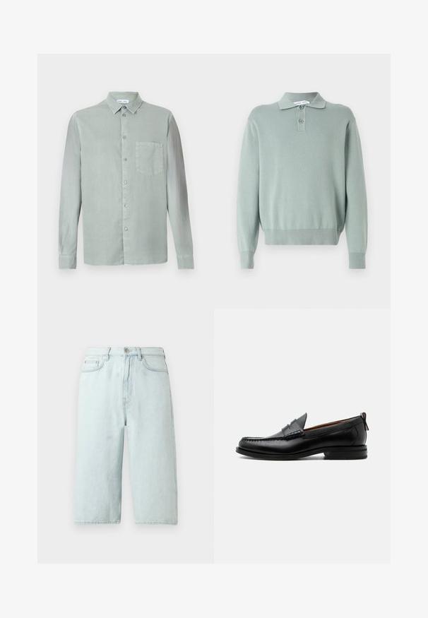 Lysegrøn strikket pullover med polo-krave, to knapper, ribbede manchetter og kant. Blød tekstur og afslappet pasform.; Lys grøn langærmet skjorte med knap-til-krave, brystlomme og en let tekstureret stof. Har matchende knapper.; Lyseblå denimshorts med lige ben, mellemhøj talje, forlommer og en enkelt baglomme, afsluttet med diskret syning.; Sort læder herre loafer med moc-tå syning, penny strop, struktureret krave og lav stablet hæl på hvid baggrund.