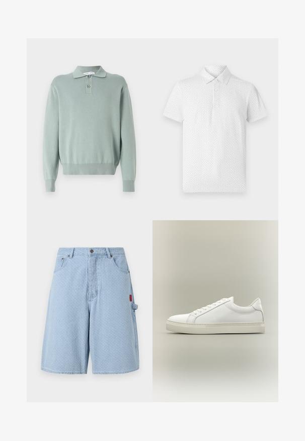 Suéter de punto verde claro con cuello tipo polo, dos botones, puños y dobladillo acanalados. Textura suave y ajuste relajado.; Polo de manga corta blanca con un pequeño patrón geométrico, tres botones en el cuello y un corte clásico. Fabricado con tejido transpirable.; Shorts de mezclilla azul claro con un patrón texturizado, dos bolsillos frontales y un bolsillo lateral con un detalle de etiqueta roja.; Zapatilla blanca de perfil bajo con cordones en la parte delantera y suela gruesa, mostrada de lado sobre un fondo neutro.