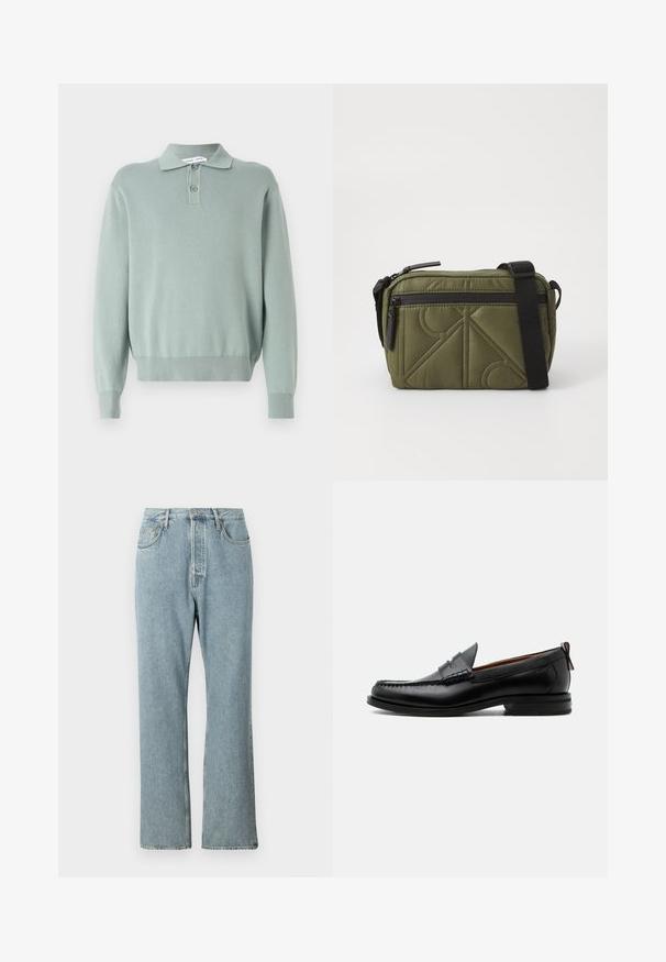 Hellgrüner, gestrickter Pullover mit Polo-Kragen, zwei Knöpfen, gerippten Bündchen und Saum. Weiche Textur und lockere Passform.; Helles blaues Denim-Jeans mit hoher Taille, weit geschnittenen geraden Beinen und einfacher Naht. Verfügt über fünf Taschen und einen klassischen Knopfverschluss.; Schwarzer Leder-Herrenschuh mit Mokassinnaht, Penny-Riemen, strukturiertem Kragen und niedrigem gestapeltem Absatz auf weißem Hintergrund.; Olivgrüner, gepolsterter Stoffbeutel mit einem schwarzen Tragegurt, ausgestattet mit einem oberen Reißverschluss und einer äußeren Reißverschlusstasche, die geometrische Musterakzente zeigt.
