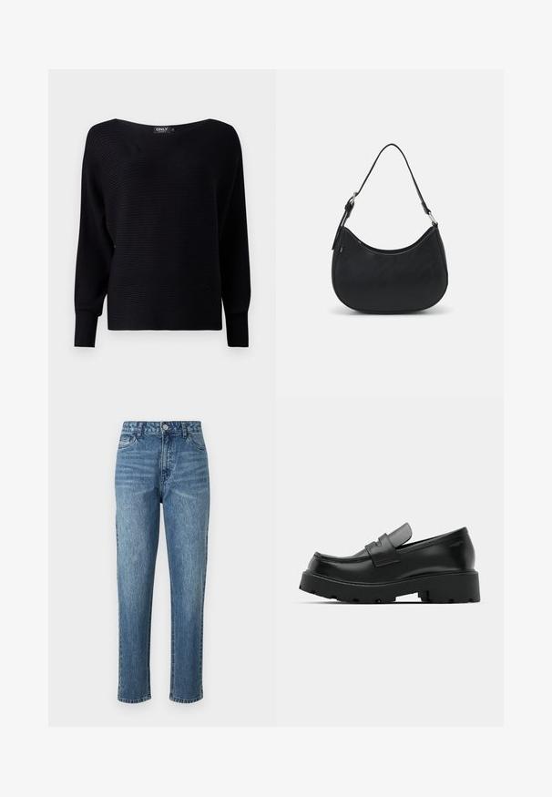 Zwarte geribbelde gebreide trui met een brede halslijn, lange mouwen en een losse pasvorm. Het heeft een gestructureerde stof en een minimalistisch ontwerp.; Blauwe denim jeans met een recht silhouet, vijf zakken en een sluiting met een voorste knoop. Licht gewassen met subtiele vervaging en een gestructureerd oppervlak.; Zwarte leren instappers met een chunky, gestructureerde zool, voorzien van een band over de voet en een gladde, gepolijste afwerking.; Zwarte hobo tas van soepel leer met een gebogen silhouet, voorzien van een enkele verstelbare schouderriem en minimalistische ontwerpdetails.