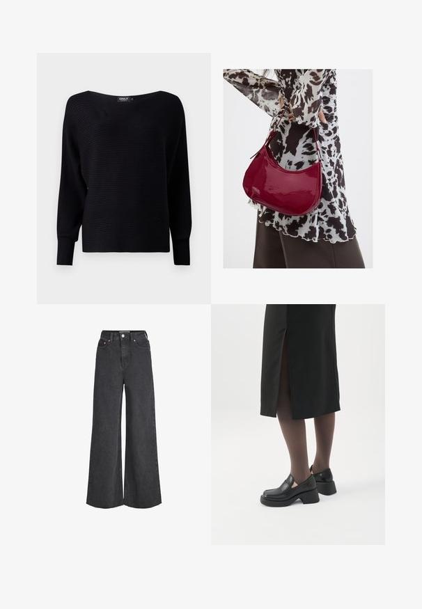 Sort ribbet striktrøje med bred halsudskæring, lange ærmer og en løs pasform, der har tekstureret stof og minimalistisk design.; Sorte jeans med høj talje og vide ben, lukkes foran med knap og lynlås, forlommer og frynset kant.; Kvinde iført sorte loafers med chunky hæl, sorte tynde strømpebukser og en sort nederdel med slids bagpå på hvid baggrund.; Kvinde iført en sort- og hvidmønstret bluse, der holder en blank rød skuldertaske mod en ensfarvet baggrund.
