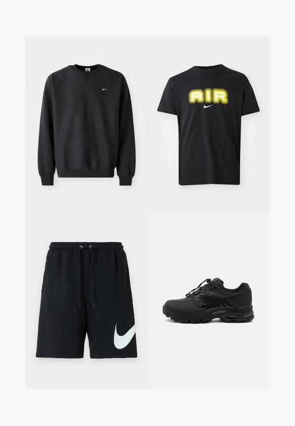 Sudadera negra de Nike con cuello redondo y mangas largas, con el icónico logo de swoosh en blanco en el pecho.; Camiseta de algodón negra con un gran gráfico amarillo brillante de "AIR" en un diseño ondulado y un pequeño logo blanco de Nike debajo.; Shorts de algodón negros con cinturilla elástica, cordón, bolsillos laterales y un gran logo blanco de Nike impreso en el lado izquierdo.; Zapatilla deportiva negra con tejido texturizado, suela gruesa y acolchada, ventilaciones y cierre con cordones, mostrada de lado sobre un fondo claro.