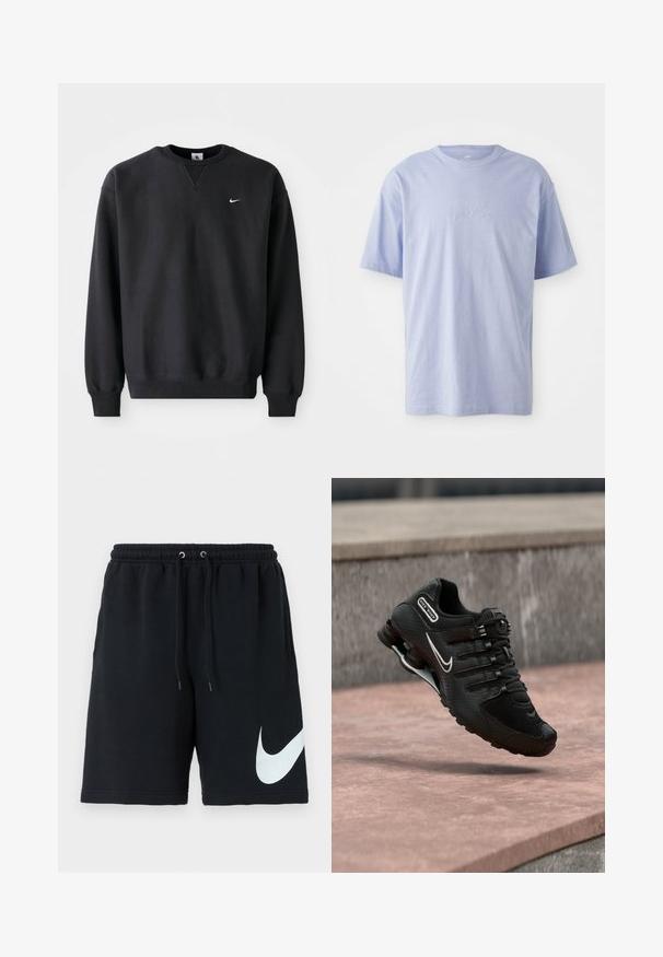 Schwarzer Nike-Sweatshirt mit Rundhalsausschnitt und langen Ärmeln, mit dem ikonischen Swoosh-Logo in Weiß auf der Brust.; Hellblaues Baumwoll-T-Shirt mit Rundhalsausschnitt und kurzen Ärmeln. Mit einem geprägten "Nike"-Logo auf der Vorderseite in der Mitte. Weicher Stoff.; Schwarze Baumwoll-Shorts mit elastischem Taillenband, Kordelzug, Seitentaschen und einem großen weißen Nike-Logo, das auf der linken Seite aufgedruckt ist.; Schwarzer Nike Shox Laufschuh mit weißem Swoosh-Logo, in der Luft über einer rosafarbenen Betonfläche vor einem grauen Steinmauer-Hintergrund.