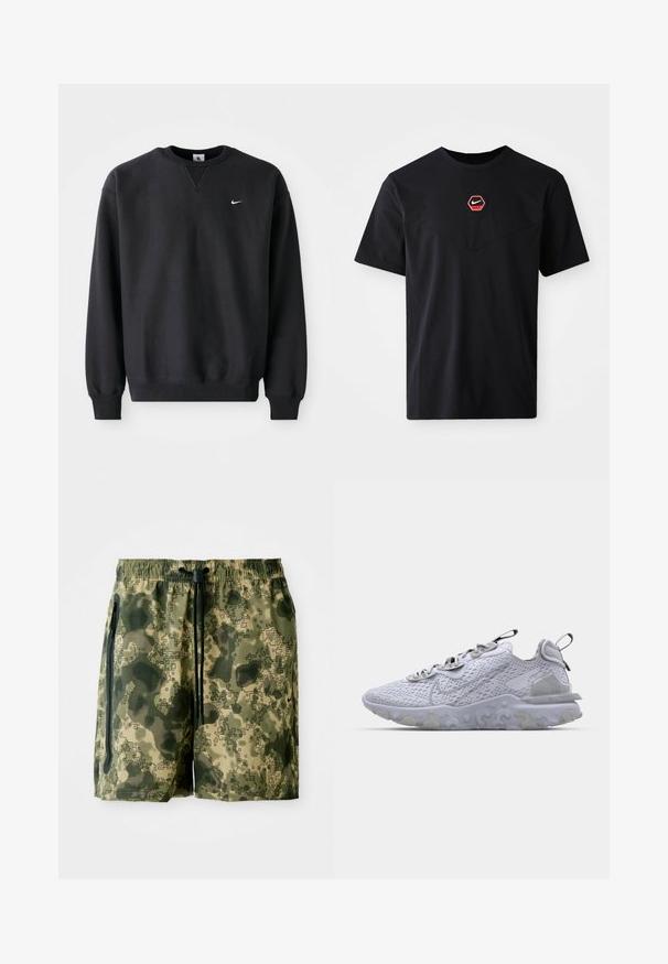 Schwarzer Nike-Sweatshirt mit Rundhalsausschnitt und langen Ärmeln, mit dem ikonischen Swoosh-Logo in Weiß auf der Brust.; Schwarzes kurzärmeliges T-Shirt aus Baumwolle mit einem sechseckigen roten und weißen Nike-Logo auf der Brust und einem abgerundeten Ausschnitt.; Tarnfarben Badehose in Grüntönen, aus leichtem Stoff gefertigt, mit elastischem Bund, Kordelzug und Seitentaschen.; Hellgrauer Turnschuh mit einem atmungsaktiven Mesh-Obermaterial, strukturiertem Gummisohle und reflektierenden Akzenten. Verfügt über einen gepolsterten Kragen und ein Schnürdesign.