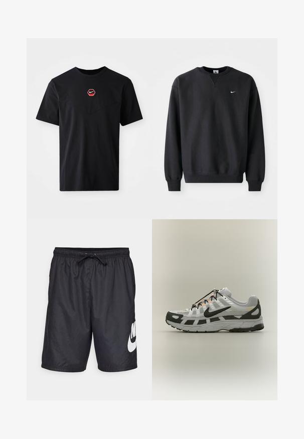 Sort Nike sweatshirt med rund halsudskæring og lange ærmer, med det ikoniske swoosh-logo i hvidt på brystet.; Sort kortærmet T-shirt i bomuld med et sekskantet rødt og hvidt Nike-logo på brystet og en rund halsudskæring.; Sorte badebukser lavet af let materiale, med en elastisk talje med snor og et stort hvidt Nike-logo på venstre ben.; Hvid og grå atletiksko med sort Nike-swoosh, sorte snørebånd og orange accenter på en neutral baggrund.