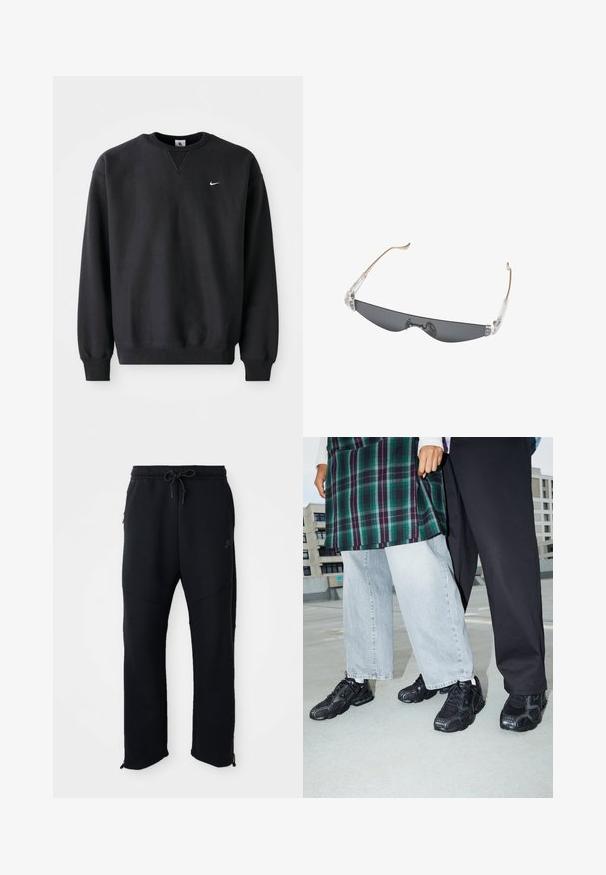Schwarzer Nike-Sweatshirt mit Rundhalsausschnitt und langen Ärmeln, mit dem ikonischen Swoosh-Logo in Weiß auf der Brust.; Schwarze Sporthose mit elastischem Bund und Kordelzug, seitlichen Taschen, schmal zulaufenden Beinen und Reißverschlüssen an den Knöcheln. Glatte Textur.; Schwarze Sportschuhe mit Mesh- und Gummielementen. Kombiniert mit hellgrauen weiten Jeans und einem karierten grünen Oberteil. Flacher Hintergrund.; Schmale, rechteckige, dunkel getönte Sonnenbrille mit klaren Kunststoffscharnieren und dünnen beigen Bügeln, die an den Enden gebogen sind.