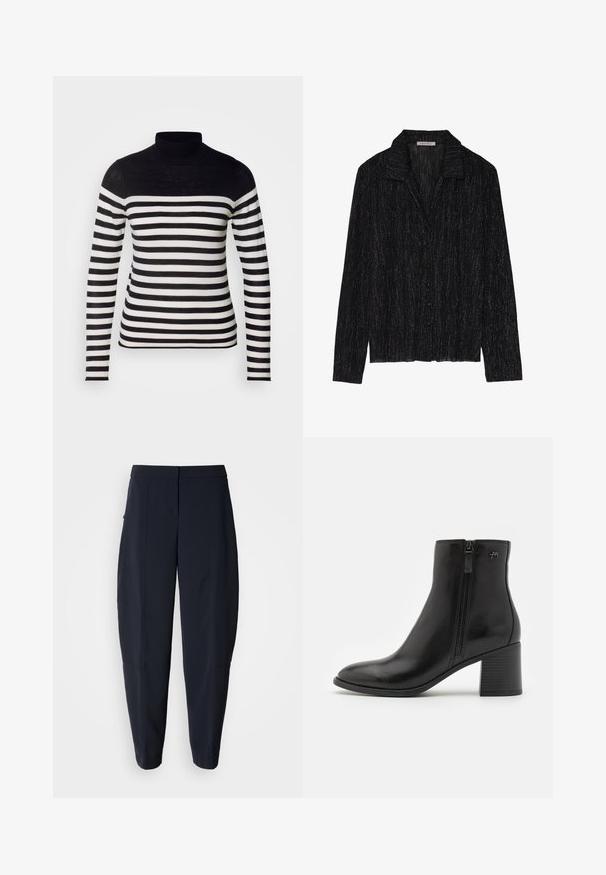 Stribet sort og hvid turtle neck sweater med lange ærmer. Har en ensfarvet sort topsektion og vandrette striber over hele kroppen.; Sort langærmet jakke med en tekstureret, glitrende overflade. Har en kravesnit og en knaplukning foran.; Marineblå skrå bukser med mellemhøj talje og sidelommer, med diskrete skærmdetaljer langs benene.; Sorte ankelstøvler lavet af glat læder med en lynlås på siden. De har en spids tå og en tekstureret blokhæl for stabilitet.