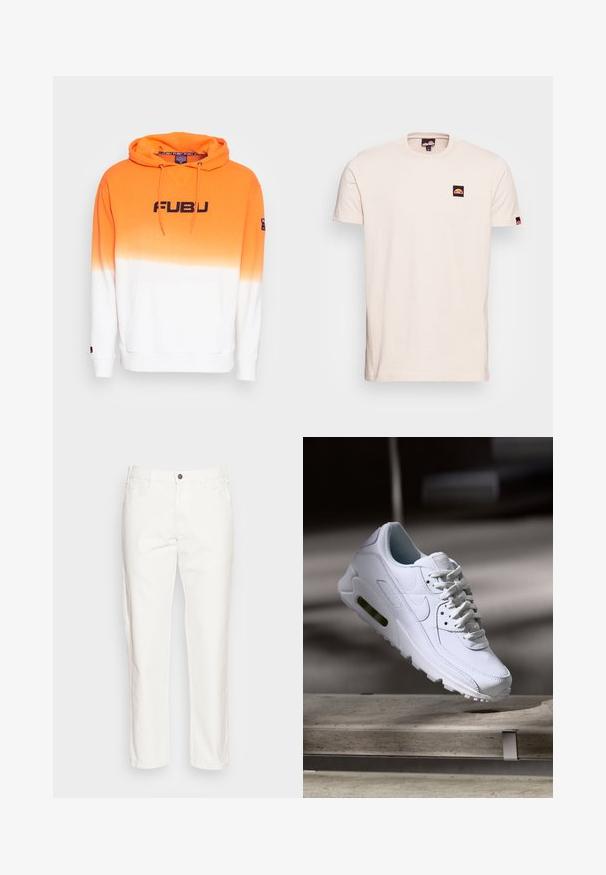 Oranges und weißes Hoodie mit einem Verlaufdesign, das ein großes FUBU-Logo in Schwarz, Kordeln und eine Vordertasche aufweist. Weicher Stoff.; Beige T-Shirt mit kurzen Ärmeln aus Baumwolle, ausgestattet mit einem kleinen schwarzen und roten Logopatch auf der linken Brust sowie Logoakzenten an den Ärmeln.; Weiße Baumwollhosen mit geradem Bein, Fronttaschen, einem Knopfverschluss und einer weichen Textur.; Weiße Lederturnschuhe mit strukturierten Oberflächen, gepolstertem Kragen und sichtbarer Luftpolsterung in der Sohle. Verfügt über Schnürsenkel und ein minimalistisches Design.