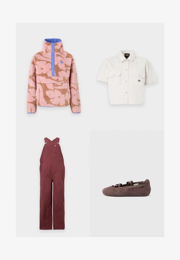 Fleece-trøje med blomstermønster i pink og brun, med høj krave, blå knaplukning og en forlomme.; Kortærmet, cropped hvid skjorte lavet af bomuld med to brystlommer, knap-lukning foran og et logo-patch på venstre lomme.; Vinsmænds overalls lavet af bomuld, med krydsede rygstropper, forlommer og metalhardware-accenter. Glat tekstur og afslappet pasform.; Brun ruskinds balletsko med elastiske stropper og tekstureret sål, vist i profil mod en ensfarvet lys baggrund.