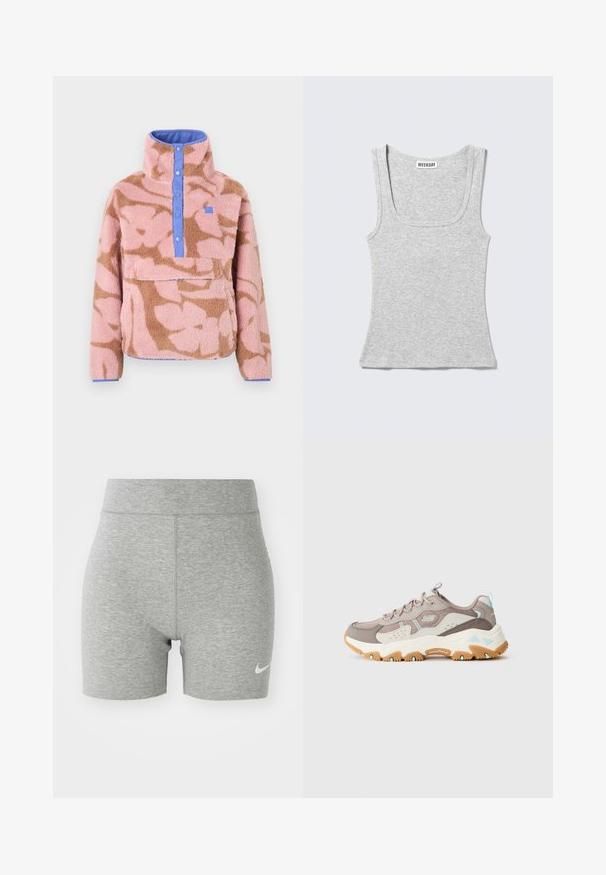 Fleece-trøje med blomstermønster i pink og brun, med høj krave, blå knaplukning og en forlomme.; Lysegrå ribbet ærmeløs tank top med rund halsudskæring og "WEEKDAY"-mærke indeni kraven.; Grå atletiske shorts lavet af blødt stof, med høj talje og et lille hvidt Nike-logo på nederste venstre side.; Skoen har en beige mesh-overdel med lyseblå detaljer, en tekstureret gummisål og en polstret krave for komfort. Goodyear-branding synlig.