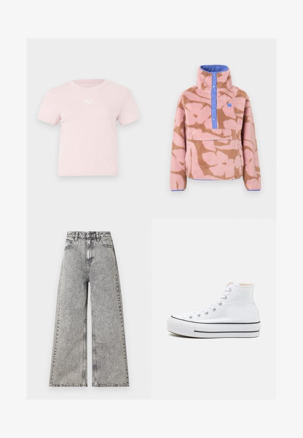 Suéter de forro polar con un patrón floral en rosa y marrón, con cuello alto, cierre de botones azules y un bolsillo delantero.; Camiseta de algodón rosa con mangas cortas, cuello redondo y un pequeño logotipo blanco en el pecho. Textura suave y diseño casual.; Jeans de pierna ancha en denim negro desgastado, con una cintura alta, diseño clásico de cinco bolsillos y detalles de costura visibles.; Zapatillas altas blancas de material de lienzo, con suela de goma negra y una franja negra en el mediopie. Punta circular y diseño de cordones.