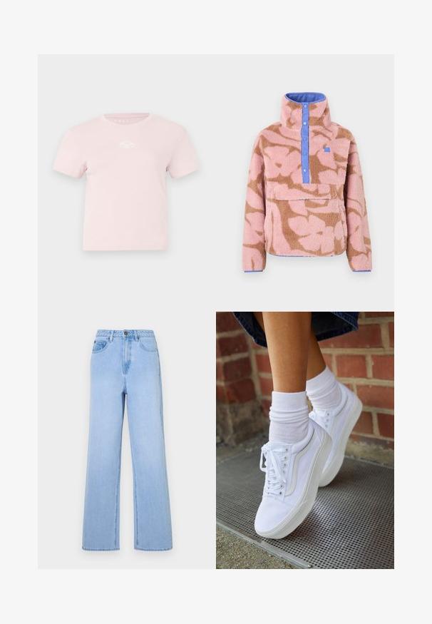 Fleece-Pullover mit floralem Muster in Rosa und Braun, mit hohem Kragen, blauer Knopfleiste und einer Fronttasche.; Rosafarbenes Baumwoll-T-Shirt mit kurzen Ärmeln, Rundhalsausschnitt und einem kleinen weißen Logo-Akzent auf der Brust. Glatte Textur und lässiges Design.; Hellblaue High-Waist-Jeans mit weitem Bein, aus Denim gefertigt. Hervorgehobene Nähte und Fünf-Taschen-Design.; Weiße Leinensneaker mit Gummisohlen, ausgestattet mit sechs Ösen, runder Zehenpartie und dezenten Nähten, kombiniert mit weißen Knöchelsocken.