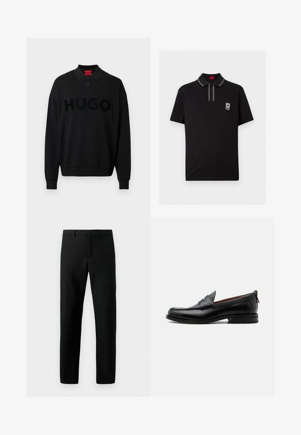 Schwarzes langärmliges Polohemd mit geripptem Kragen, das ein auffälliges, strukturiertes "HUGO"-Logo auf der Vorderseite zeigt. Weiches Material, entspannte Passform.; Schwarzes Polo-Shirt mit kurzen Ärmeln und weißen Ziernähten an Kragen und Leiste, mit kleinem weißem Blumenlogo und Schriftzug „HUGO“ auf der Brust.; Schwarze Hosen aus glattem Stoff, mit Knopfverschluss, geradem Bein design und ohne sichtbare Muster, mit klaren Linien.; Schwarzer Leder-Herrenschuh mit Mokassinnaht, Penny-Riemen, strukturiertem Kragen und niedrigem gestapeltem Absatz auf weißem Hintergrund.