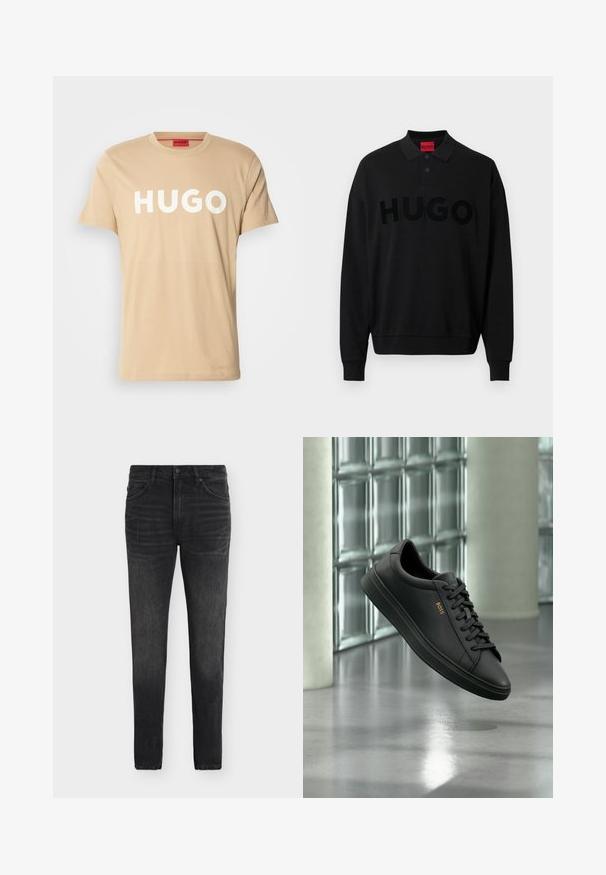 Čierna polokošeľa s dlhým rukávom a rebrovaným golierom, s výrazným reliéfny logom "HUGO" na prednej strane. Mäkký materiál, voľný strih.; Béžové bavlnené tričko s okrúhlym výstrihom, krátkymi rukávmi a výrazným bielym logom "HUGO" na prednej strane. Hladká textúra, ležérny dizajn.; Čierne pranie úzke džínsy so zapínaním na gombík a zips, predné a zadné vrecká, položené na bielom pozadí.; Čierna nízka kožená teniska s čiernymi šnúrkami a zlatým logom BOSS na boku, vznášajúca sa nad lesklou sivou podlahou v modernom vnútornom priestore.