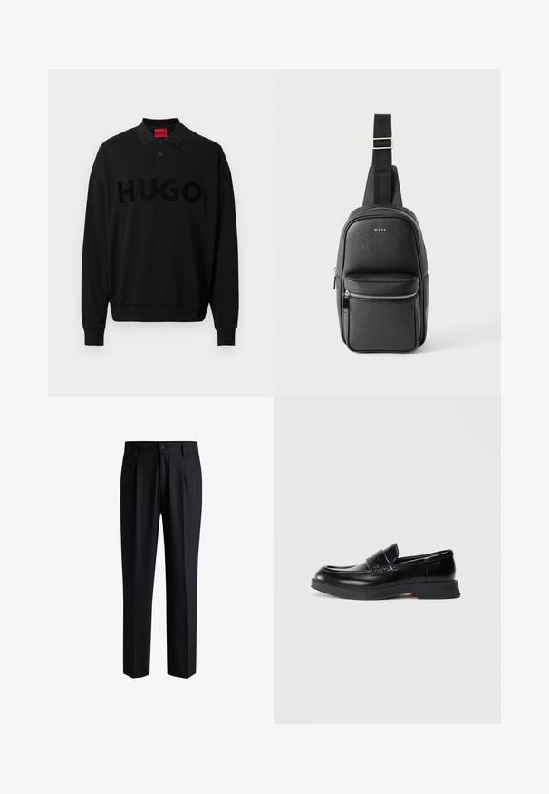 Sort langærmet polo med ribstrikket krave, prydet med en fremtrædende, tekstureret "HUGO"-logo tværs over fronten. Blødt materiale, afslappet pasform.; Sorte bukser lavet af glat stof, med lige ben-design, plisseringer foran og knaplukning med bæltestropper.; Sorte læder loafers med en glat finish, der har en hævet frontpanel og en kontrasterende rød detalje på sålen. Flad gummisål.; Sort lædertaske med justerbar rem, lynlåslomme foran og "BOSS"-logo på en glat tekstureret overflade.