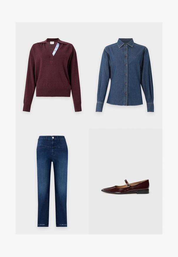 Pull en maille bordeaux à manches longues avec un profond col en V, dévoilant une patte de boutonnage intérieure rayée bleue et un petit logo brodé sous l'encolure.; Chemise en denim bleu foncé à manches longues avec boutons sur le devant, col pointu et coutures blanches visibles le long des coutures et des poignets.; Jean droit bleu foncé avec bouton frontal, couture visible et texte "PEDAL PUSHER" près de l'ourlet sur les deux jambes.; Ballerines en cuir verni bordeaux de type Mary Jane avec un bout pointu, un talon plat et une sangle décorative avec une boucle circulaire.
