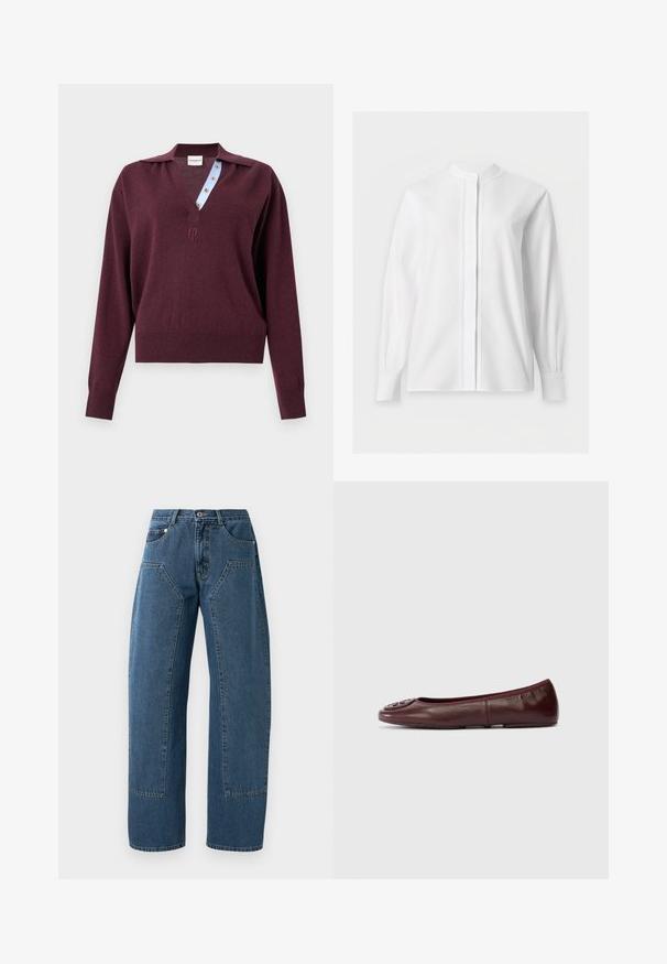Langærmet bordeauxstrikket sweater med dyb V-hals, der viser en blåstribet indvendig knapstolpe og et lille broderet logo under halsudskæringen.; Hvid bluse med lange ærmer med mandarin-krave og skjult knapstolpe, vist på en ensfarvet hvid baggrund.; Blå denim jeans med brede ben, store frontlomme, knaplukning og bæltestropper.; Bordeaux læderballetsko med rund tå og tekstureret logoaccent foran. Sømløst design og glat overflade. Flad sål.