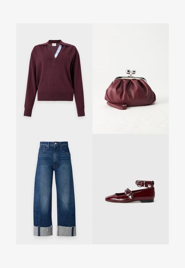 Pull en maille bordeaux à manches longues avec un profond col en V, dévoilant une patte de boutonnage intérieure rayée bleue et un petit logo brodé sous l'encolure.; Jeans en denim bleu foncé à jambes larges avec un ourlet effiloché et des poignets gris clair. Présente un design traditionnel à cinq poches.; Ballerines en cuir verni bordeaux avec un bout pointu, une bride de cheville avec une boucle en argent et un petit talon. Texture lisse sur l'ensemble.; Petit sac pochette en cuir bordeaux avec fermoir métallique argenté et bracelet sur fond blanc.