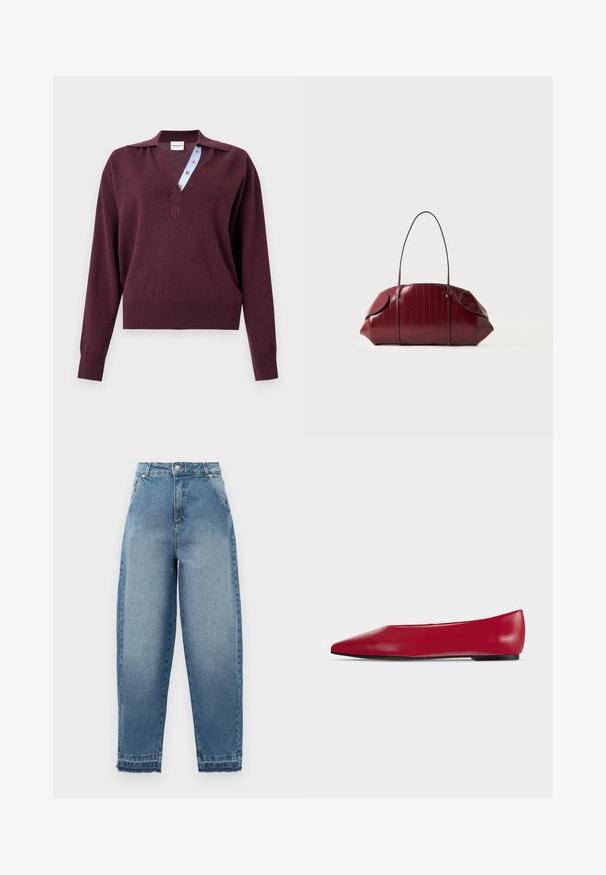 Langemouw gebreide bordeauxrode trui met een diepe V-hals die een blauw gestreepte binnenste knopenlijst en een klein geborduurd logo onder de halslijn toont.; Lichtblauwe denim jeans met een hoge taille, losse pasvorm, vijfzakkenontwerp en rafelige zoom. Kenmerkt klassieke stiksels en een ritssluiting.; Rode leren platte schoen met puntige neus, zwarte zool en lage hak, zijaanzicht op een effen lichte achtergrond.; Dieprode getextureerde leren handtas met lange dunne band, gebogen bovenkant en afgeronde uiteinden op een effen lichte achtergrond.