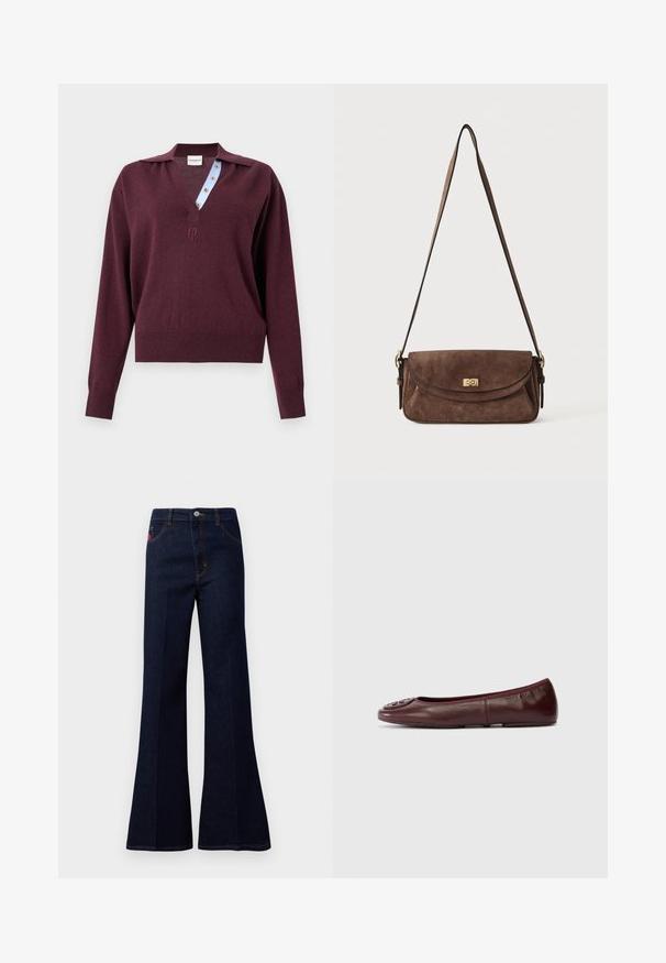 Jersey de punto burdeos de manga larga con un escote en V profundo que muestra una tapeta interior con botones y rayas azules y un pequeño logo bordado debajo del cuello.; Jeans acampanados de tiro alto en azul oscuro con botón frontal, cremallera, bolsillos laterales y traseros, y costuras en contraste.; Bailarina de cuero burdeos con puntera redondeada y acento de logo texturizado en la parte frontal. Diseño sin costuras y superficie suave. Suela plana.; Bolso de hombro de ante marrón con una larga correa ajustable y un cierre giratorio dorado en la solapa frontal.