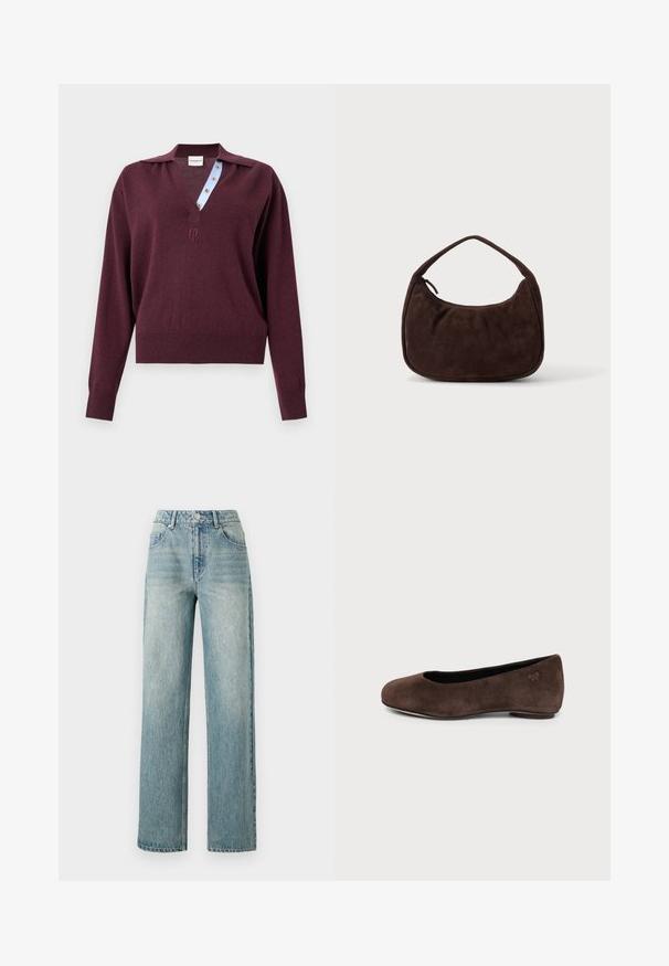Jersey de punto burdeos de manga larga con un escote en V profundo que muestra una tapeta interior con botones y rayas azules y un pequeño logo bordado debajo del cuello.; Copenhagen Muse JEANNE PANTS - Vaqueros boyfriend - medium dirty washed denim; Zapato plano de ante marrón con punta redondeada y tacón bajo, mostrando perfil lateral sobre fondo claro liso.; Bolso de ante marrón oscuro con una correa corta y forma rectangular redondeada sobre un fondo liso y claro.