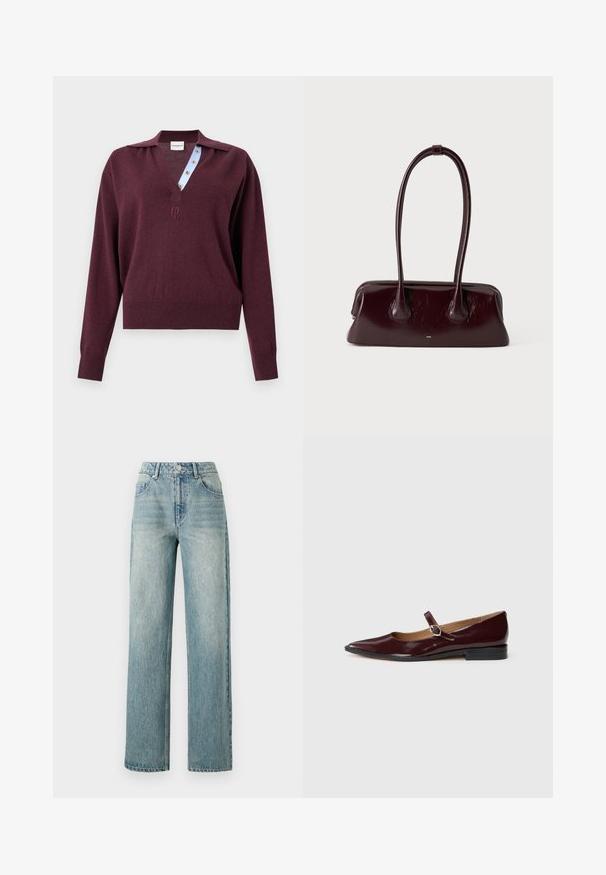 Langemouw gebreide bordeauxrode trui met een diepe V-hals die een blauw gestreepte binnenste knopenlijst en een klein geborduurd logo onder de halslijn toont.; Copenhagen Muse JEANNE PANTS - Relaxed fit jeans - medium dirty washed denim; Bordeaux patentleren Mary Jane ballerina's met een spitse neus, platte hak en een decoratieve band met een ronde gespaccent.; Donkerbruine glanzende leren handtas met lange, dunne handvatten en een gestructureerde rechthoekige bodem op een effen lichte achtergrond.