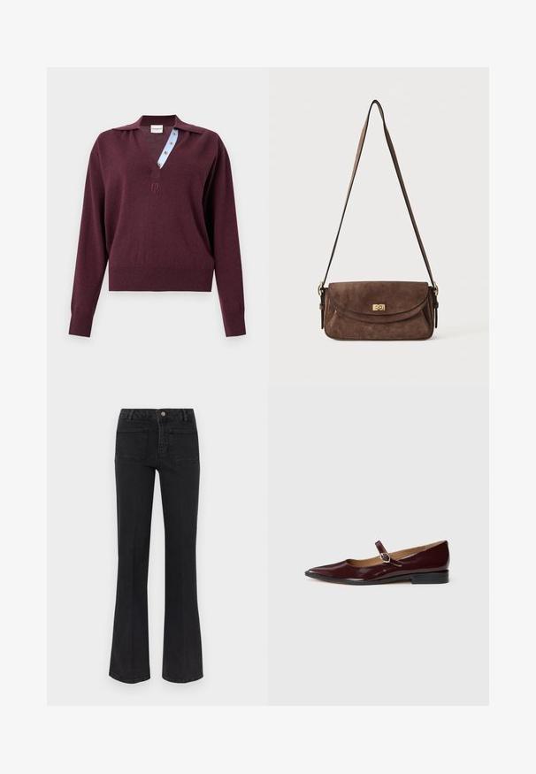 Pull en maille bordeaux à manches longues avec un profond col en V, dévoilant une patte de boutonnage intérieure rayée bleue et un petit logo brodé sous l'encolure.; Jean évasé noir taille haute avec deux poches arrière, passants de ceinture, fermeture avant par bouton et fermeture éclair sur fond blanc.; Ballerines en cuir verni bordeaux de type Mary Jane avec un bout pointu, un talon plat et une sangle décorative avec une boucle circulaire.; Sac bandoulière en daim marron avec une longue sangle réglable et une fermeture à tour dorée sur le rabat avant.