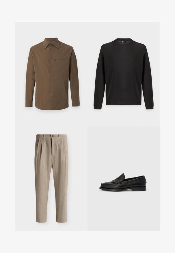Pull noir texturé à manches longues avec col rond, poignets et ourlet côtelés sur fond gris clair.; Chemise marron à manches longues avec un col classique, des boutons-pression sur le devant, et une poche poitrine zippée sur le côté gauche.; Pantalon beige à fines rayures avec plis, passants de ceinture, fermeture bouton et jambes fuselées sur fond uni.; Mocassin en cuir noir avec un détail tissé à l'avant, bout arrondi et petit talon. Texture lisse et design minimaliste.