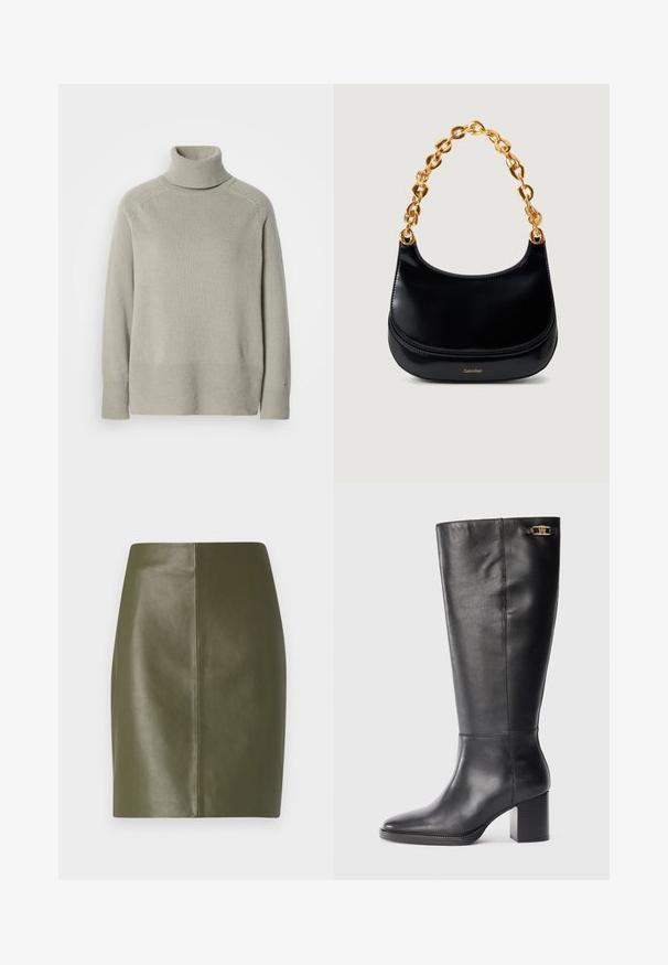 Lys grå strikket turtleneck sweater med lange ærmer og ribbede manchetter og kant, vist på en ensfarvet hvid baggrund.; Olivenfarvet læderskort nederdel med en glat tekstur, der har et enkelt design og en central søm, der løber ned ad ryggen.; Sorte læder knæhøje støvler med blokhæl, spids tå og guldhardware-accent nær toppen. Glat tekstur med minimal syning.; Sort læderhåndtaske med en glat tekstur, buet form og et stort guld kædehåndtag. Har det prægede "Calvin Klein"-logo på forsiden.