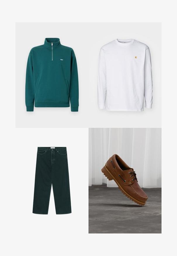 Sweat-shirt à fermeture éclair coloris sarcelle avec col montant, poches frontales, et logo blanc "OBEY" sur la poitrine. Tissu doux avec une finition texturée.; T-shirt à manches longues blanc en coton. Présente un petit logo doré sur la poitrine et un col rond. Design simple et coupe standard.; Jeans en denim vert foncé à jambes larges avec fermeture à bouton et à zip, poches avant et passants de ceinture, posés à plat sur un fond blanc.; Chaussure de bateau en cuir marron avec des lacets noirs, des coutures beiges et une semelle robuste, suspendue au-dessus d'un sol en béton gris.