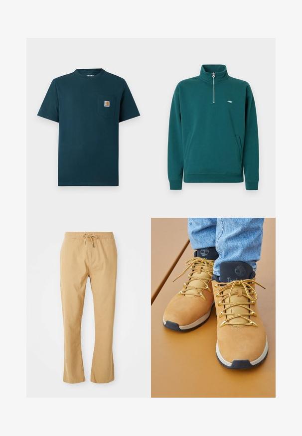 Tweekleurige, teal zip-up trui met een hoge kraag, voorkantzakken en wit logo "OBEY" op de borst. Zachte stof met een gestructureerde afwerking.; Donkerblauwe T-shirt met korte mouwen en ronde hals, voorzien van een borstzakje met een klein Carhartt-logo patch.; Lichte, tan kleurige broek met een trekkoord in de taille, rechte pasvorm en zijzakken. Glad textiel met minimale stikdetails.; Tan wandelschoenen met een suede bovenwerk, metallic gouden accenten en een zwarte gewatteerde kraag. Kenmerkt zich door textuurveters en een contrasterende zool.